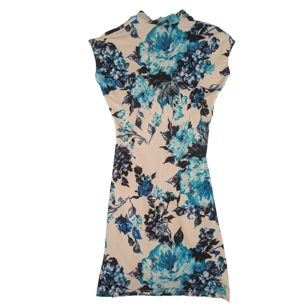 Arithalia Womens Blue Floral Faux Wrap Sheath Dress Sleeveless Mock Neck Small